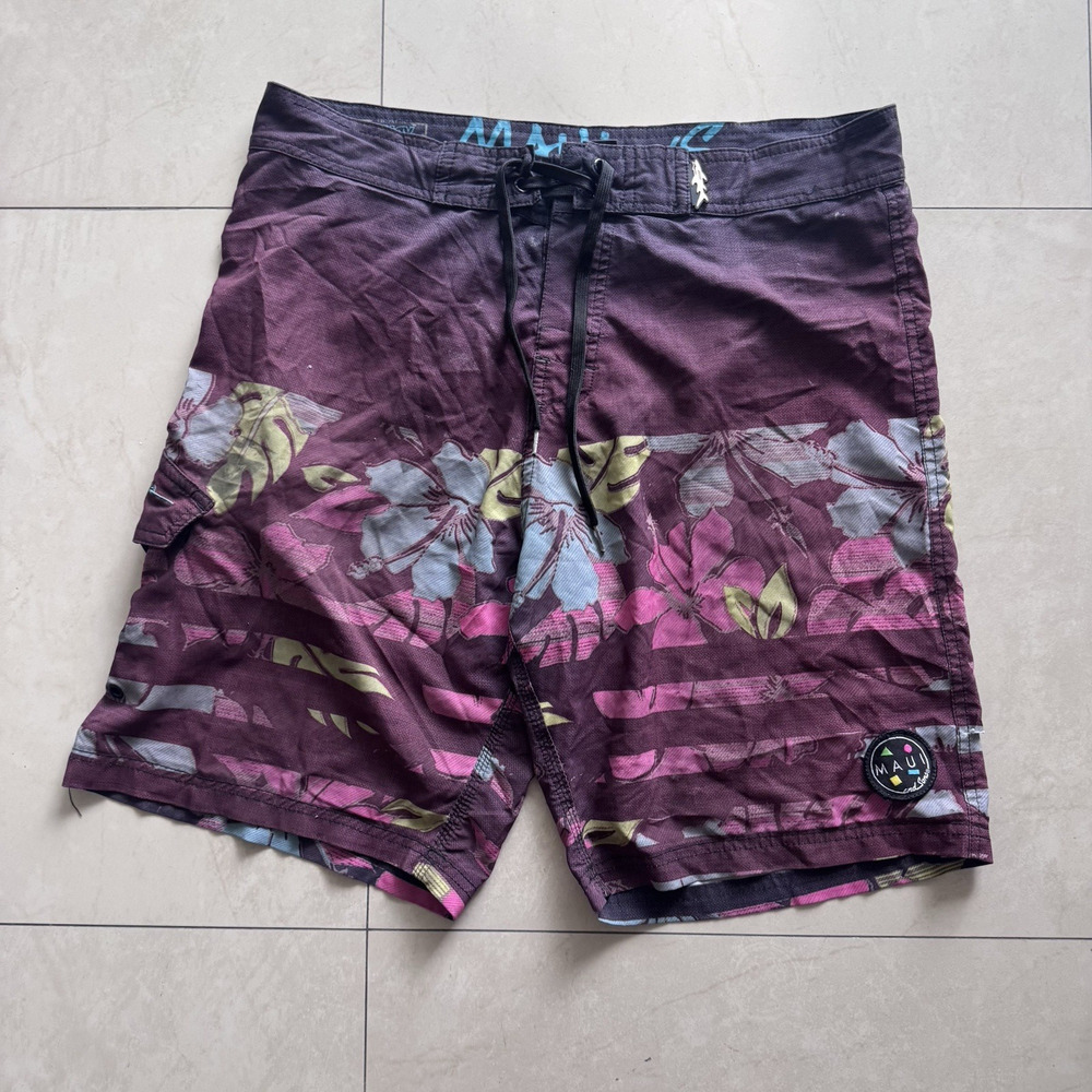 Maui and Sons Men’s Board Shorts Size 34 Floral Swim Trunks Burgundy Purple